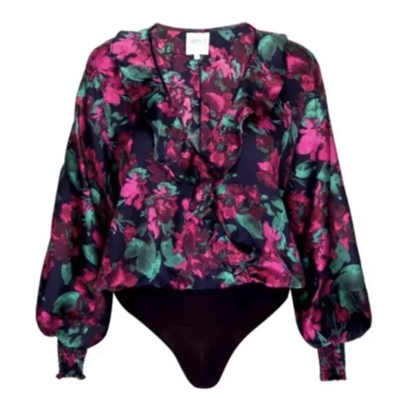 MISA LOS ANGELES Talah Floral Ruffle Satin Bodysuit Boho Romantic - Size L - Picture 1 of 16